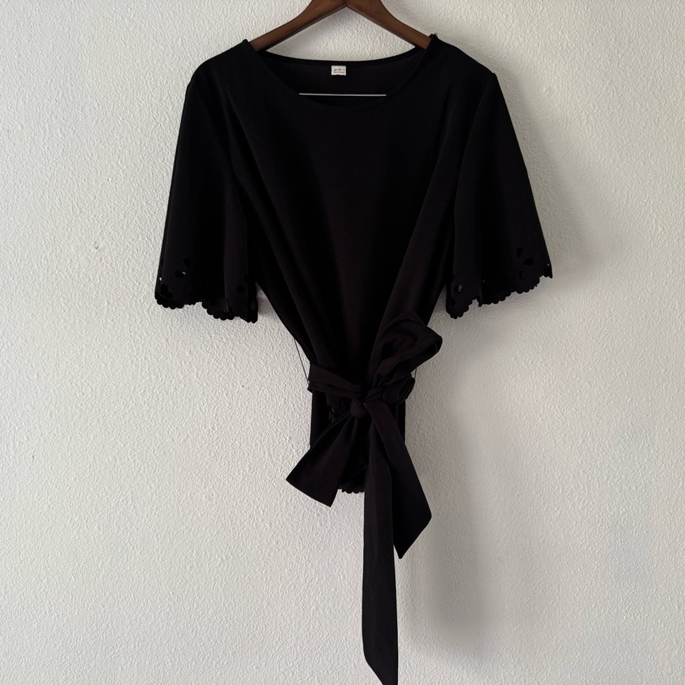 Black Laser Cut Tie Waist Peplum Blouse XXL Bohemian Feminine Romantic - Picture 4 of 13